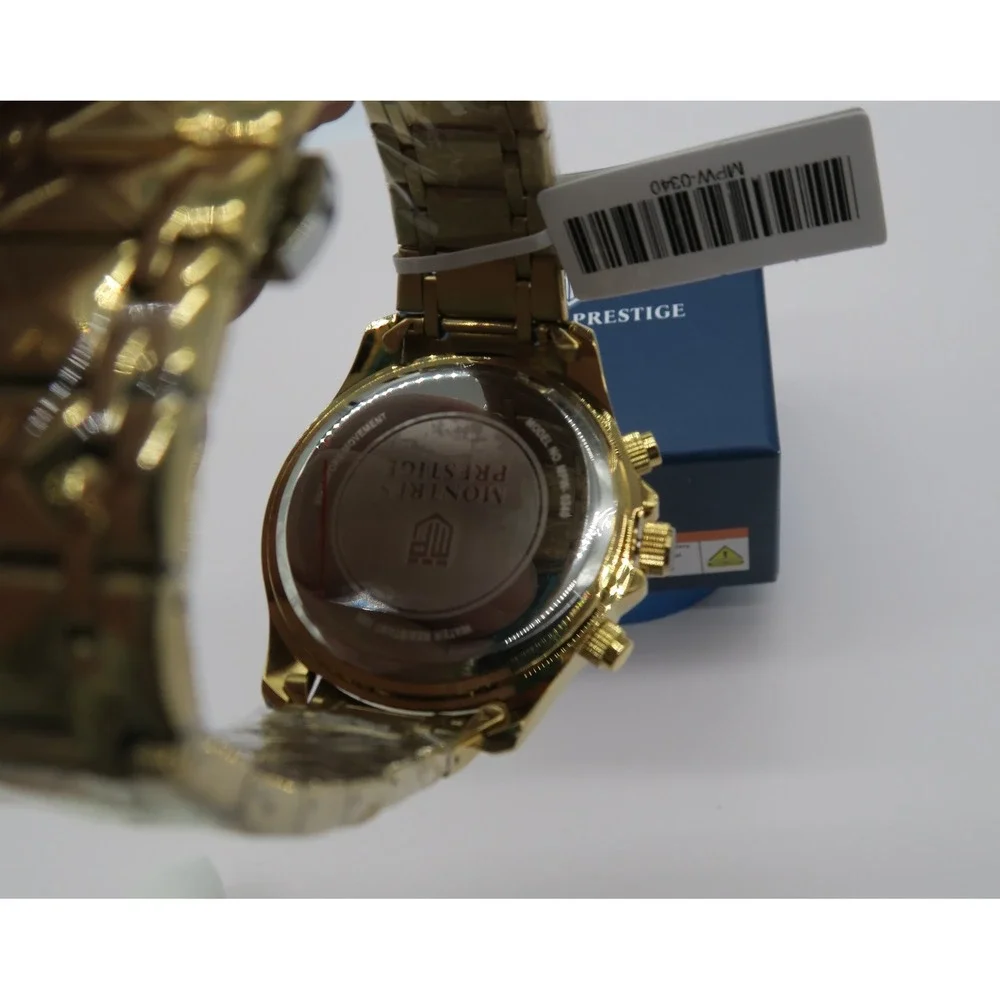 Montres Prestige Gold Chronograph Watch Green Crystal Bezel MPW-0340 New